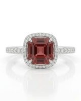 Red tourmaline ring with diamond halo and pavé band in 18K white gold | SARATTI