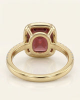 Red tourmaline ring with diamond halo and pavé band in 18K yellow gold | SARATTI