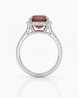 Red tourmaline ring with diamond halo and pavé band in platinum | SARATTI