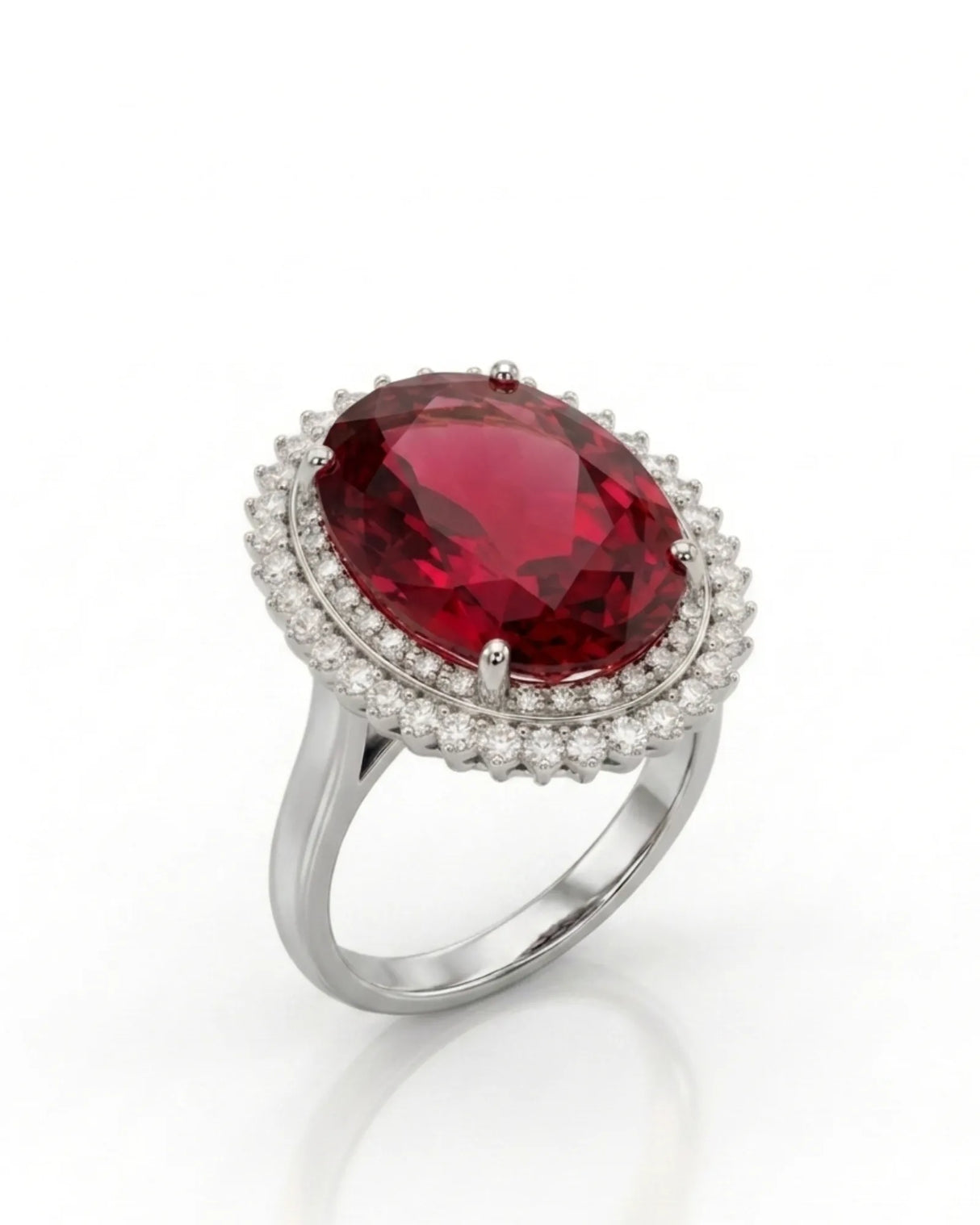 Red tourmaline ring with oval center stone and double diamond halo in 18K white gold | SARATTI