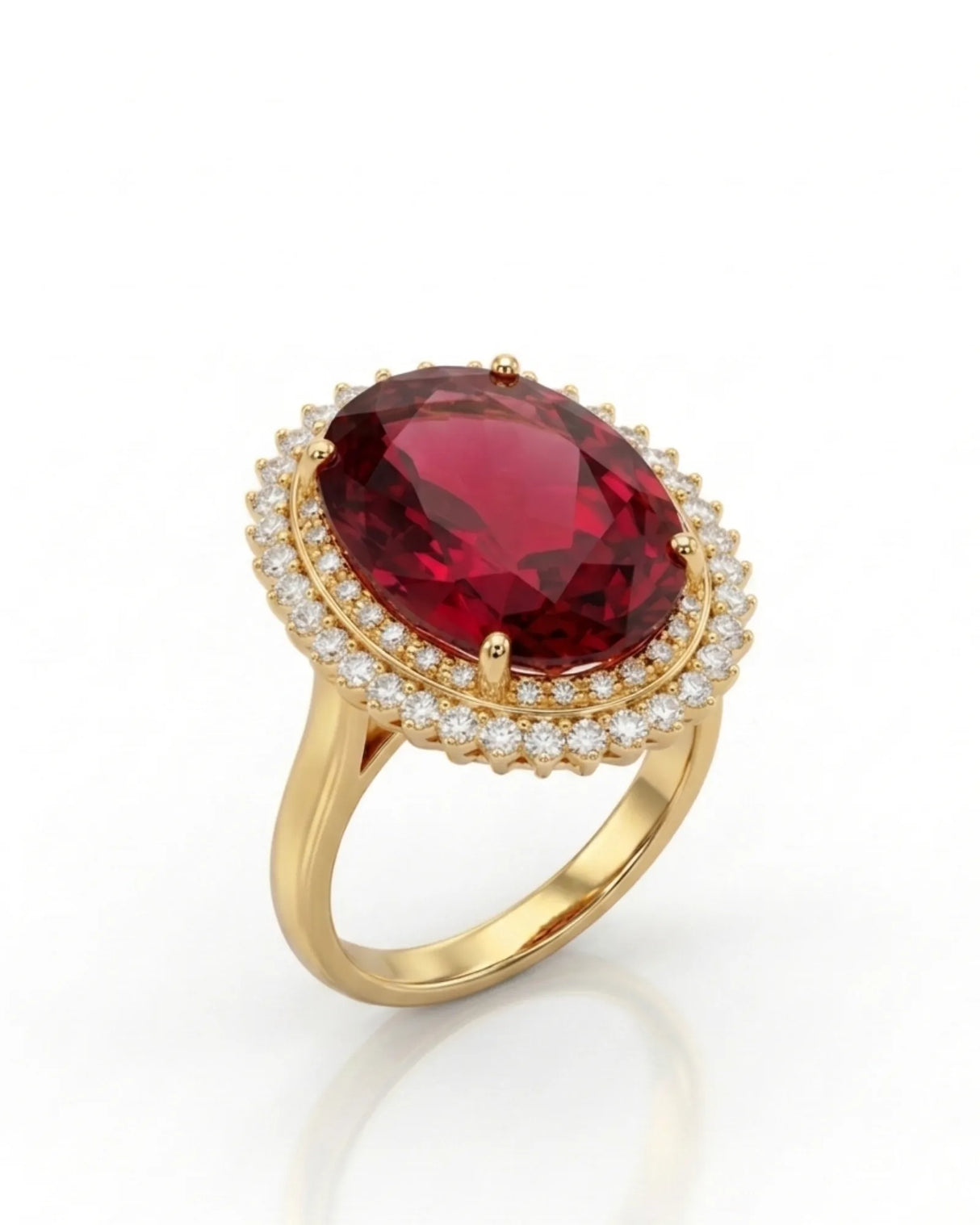 Red tourmaline ring with oval center stone and double diamond halo in 18K yellow gold | SARATTI