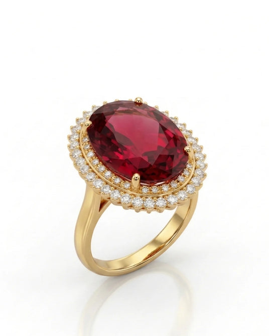 Red tourmaline ring with oval center stone and double diamond halo in 18K yellow gold | SARATTI