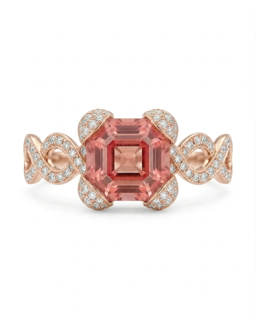 Reddish pink Asscher cut tourmaline ring with natural diamonds in 18K rose gold | SARATTI