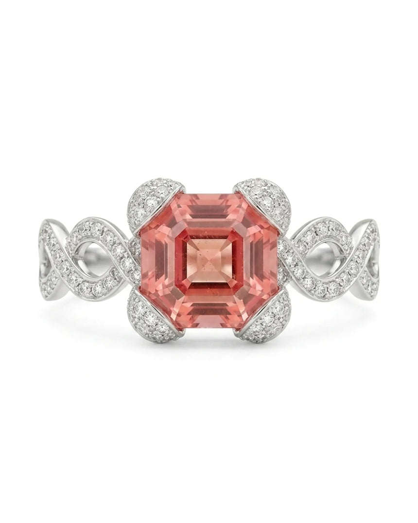 Reddish pink Asscher cut tourmaline ring with natural diamonds in 18K white gold | SARATTI