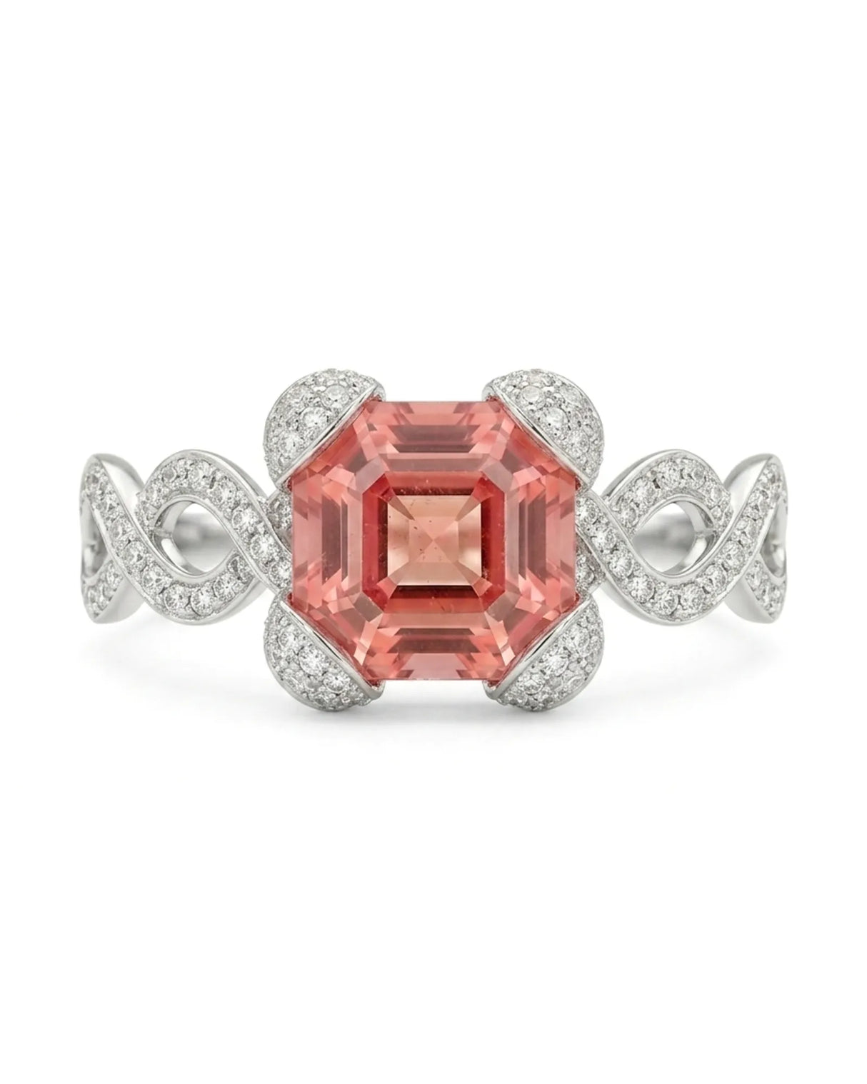 Reddish pink Asscher cut tourmaline ring with natural diamonds in polished platinum | SARATTI