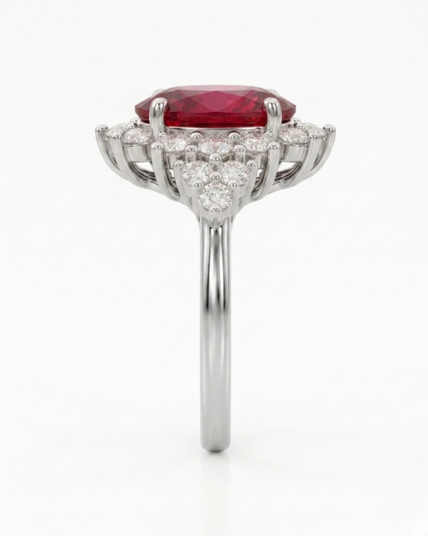 Reddish pink rubellite tourmaline ring with brilliant diamond accents in platinum | SARATTI