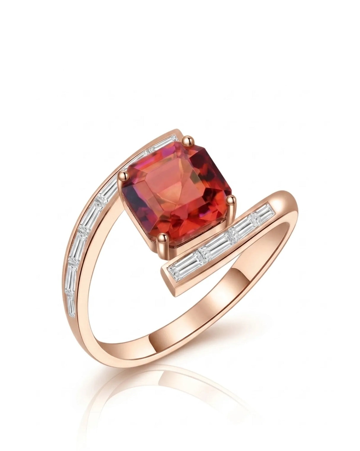 Reddish pink tourmaline ring with geometric center stone and baguette diamonds in 18K rose gold | SARATTI