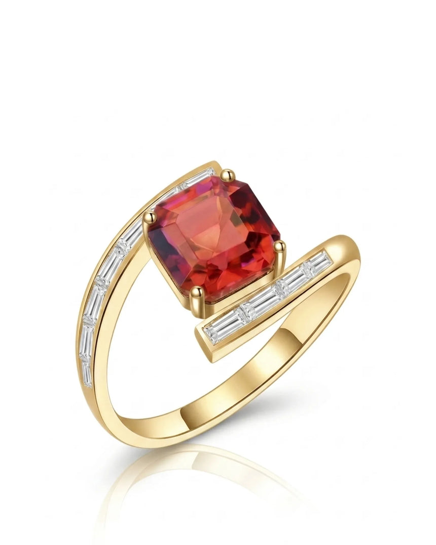 Reddish pink tourmaline ring with geometric center stone and baguette diamonds in 18K yellow gold | SARATTI