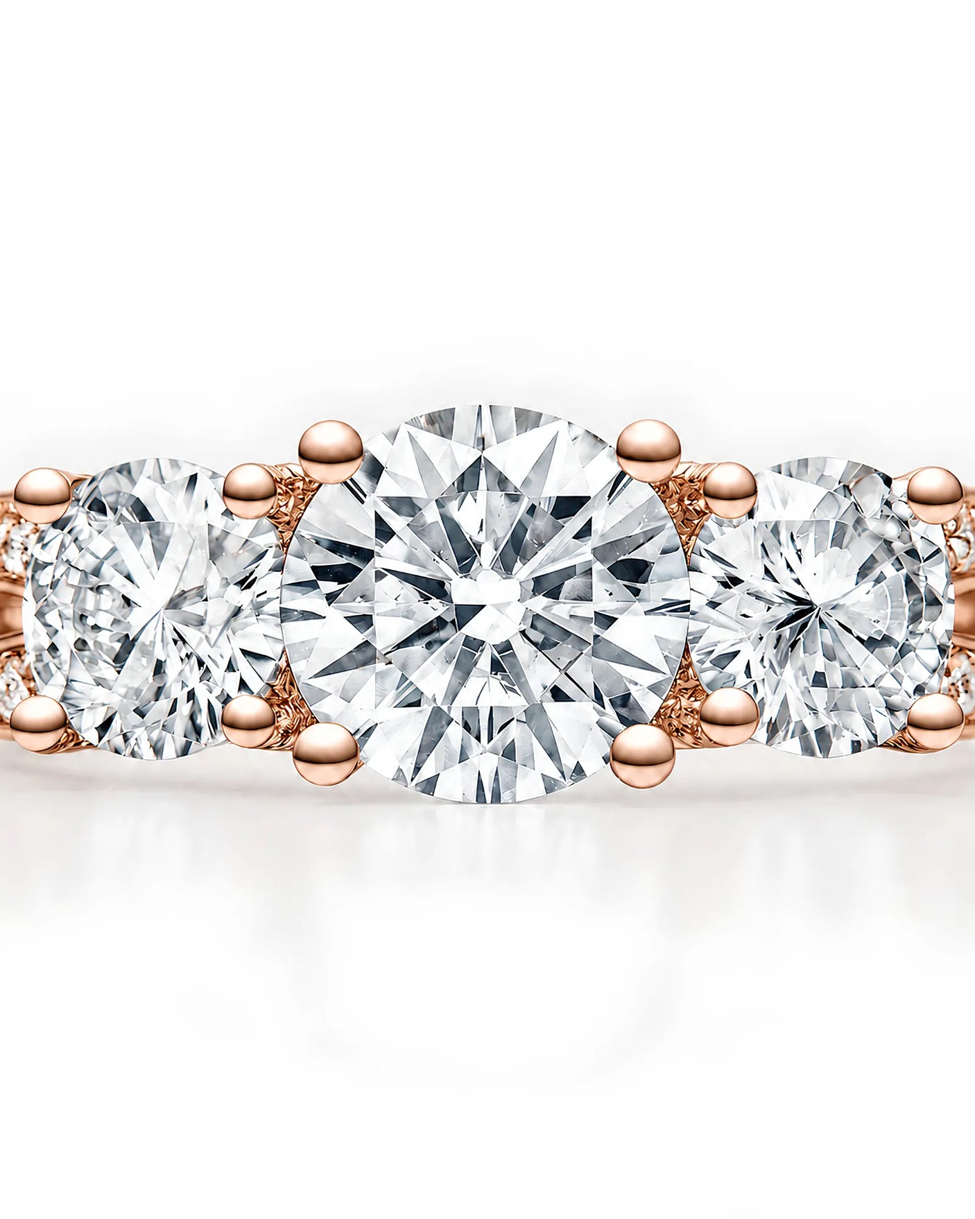 Refined 18K rose gold split-shank ring with round moissanite brilliance throughout | SARATTI.