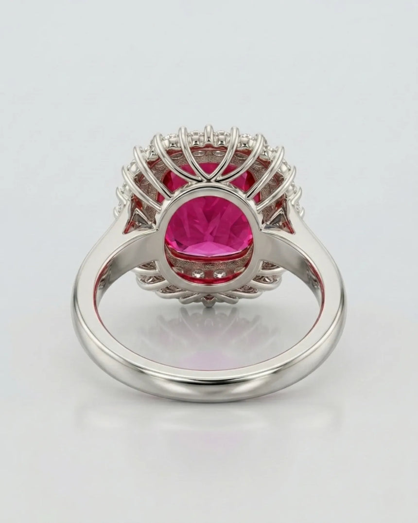 Regalia Crimson red tourmaline diamond halo ring in polished platinum | SARATTI