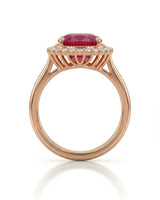 Regalia Crimson red tourmaline diamond halo ring in romantic 18K rose gold | SARATTI