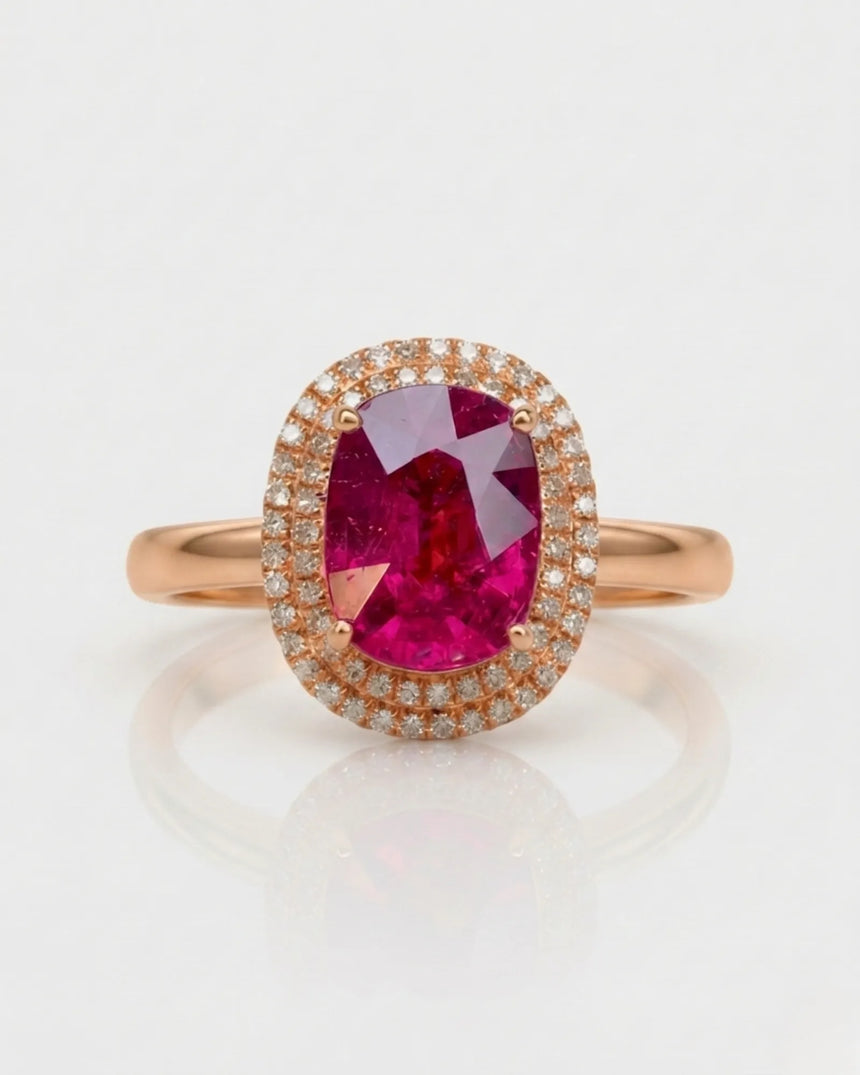 Regalia Rosé pink tourmaline diamond halo ring in romantic 18K rose gold | SARATTI