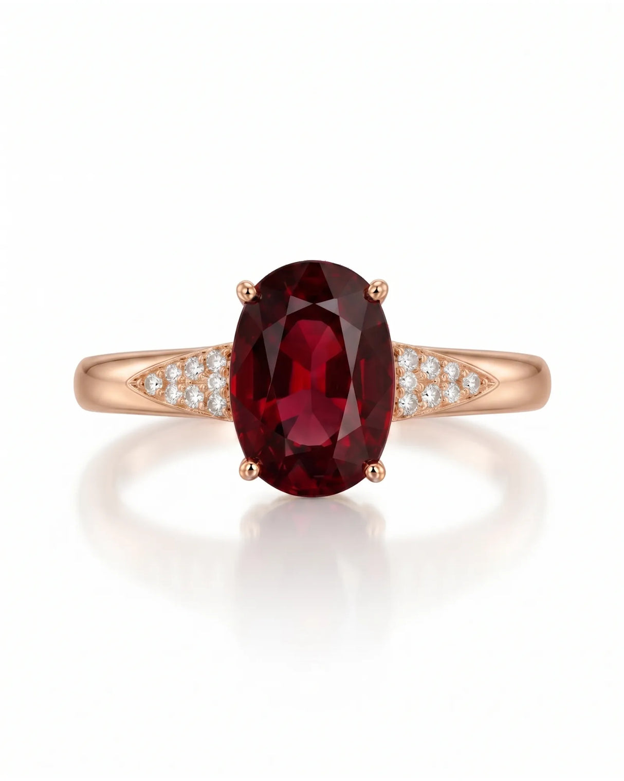 Regalis tapered diamond garnet ring with oval red gemstone in 18K rose gold | SARATTI