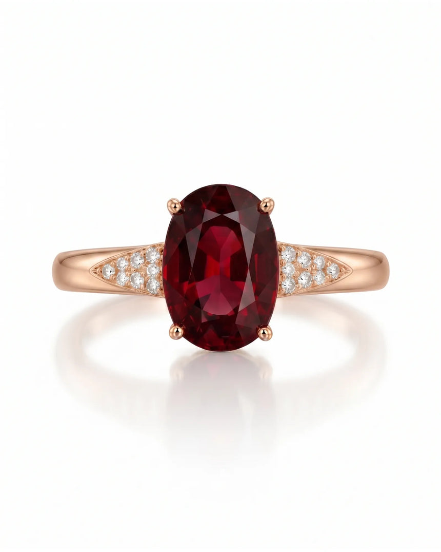 Regalis tapered diamond garnet ring with oval red gemstone in 18K rose gold | SARATTI
