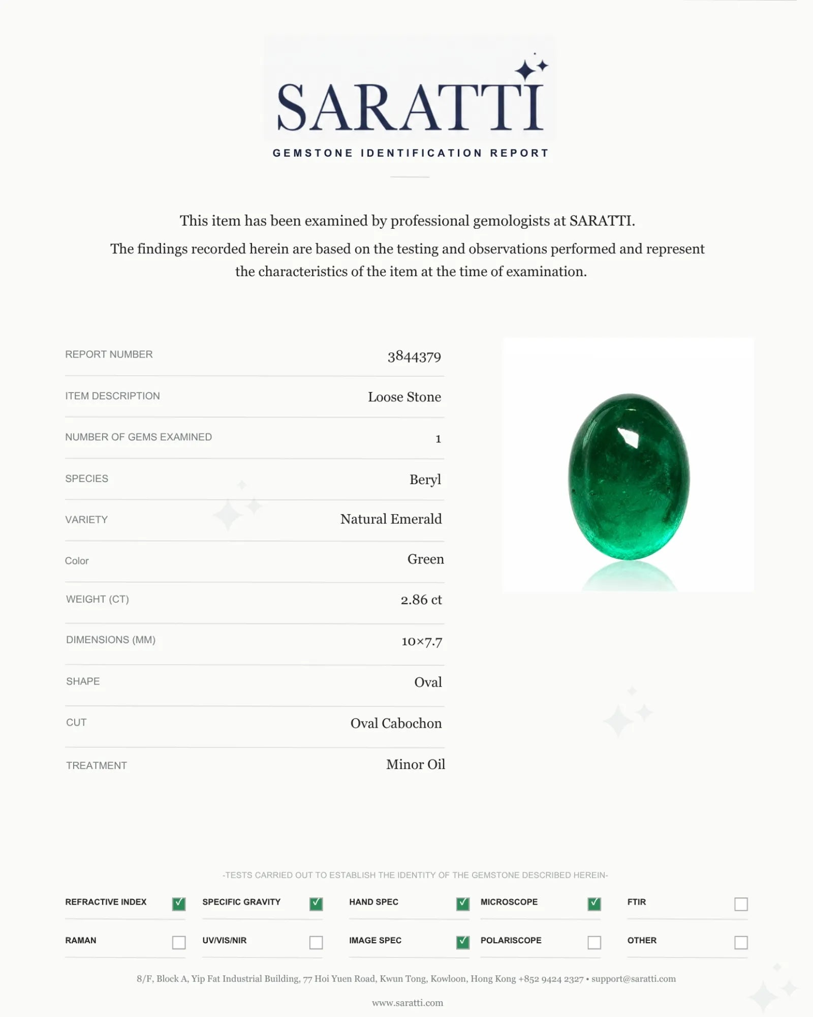 Relatively transparent Emerald cabochon showing natural internal inclusions | SARATTI