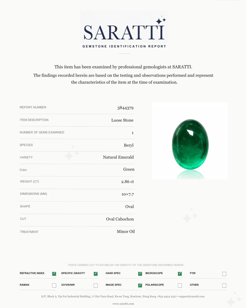 Relatively transparent Emerald cabochon showing natural internal inclusions | SARATTI