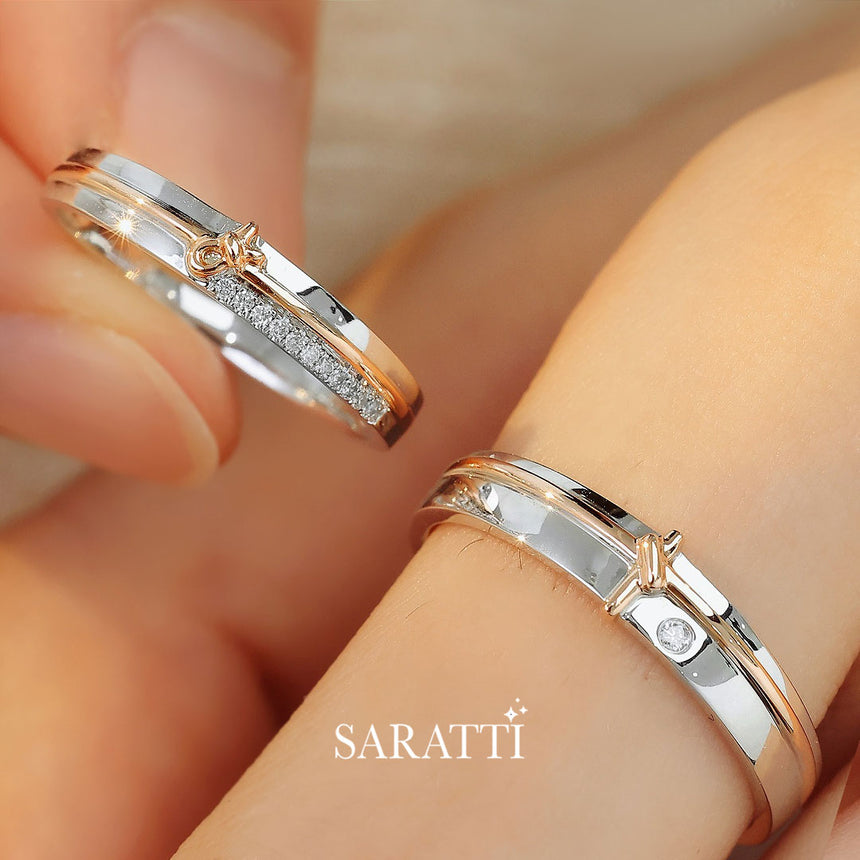 Rose Gold Knot Wedding Set For Him & Her | Natural Diamond Wedding Rings | Saratti