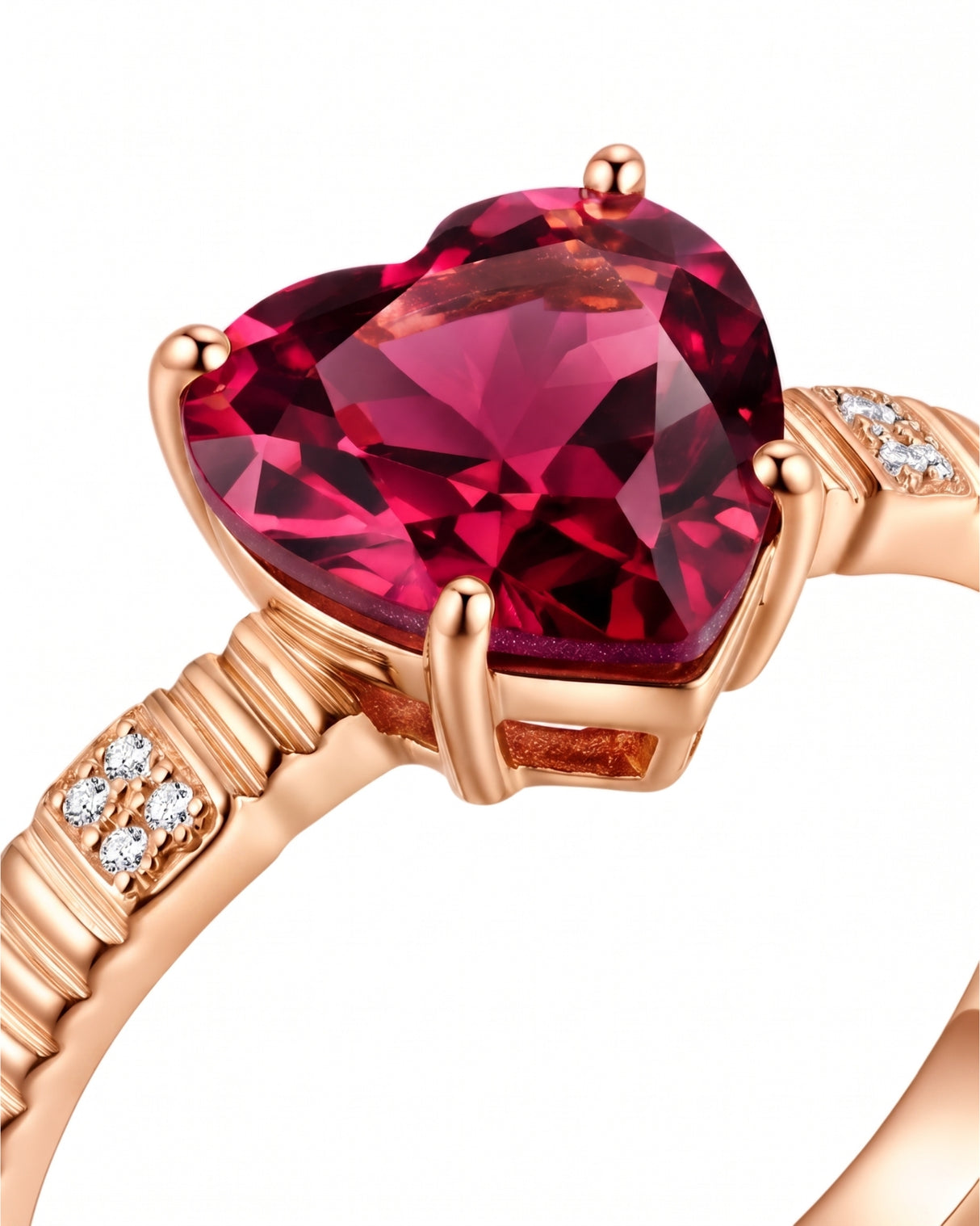 Rich crimson heart tourmaline ring with natural diamond accents in 18K Rose Gold | SARATTI