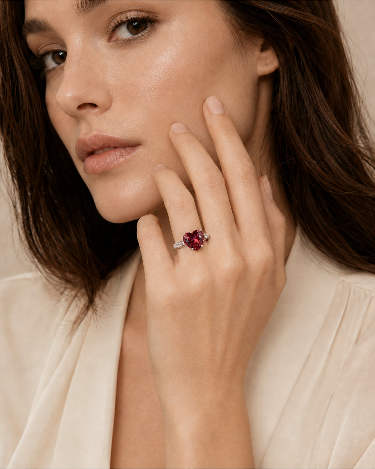 Rich crimson heart tourmaline ring with natural diamond accents in 18K White Gold | SARATTI