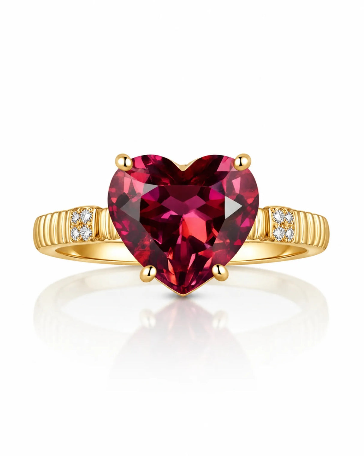 Rich crimson heart tourmaline ring with natural diamond accents in 18K Yellow Gold | SARATTI