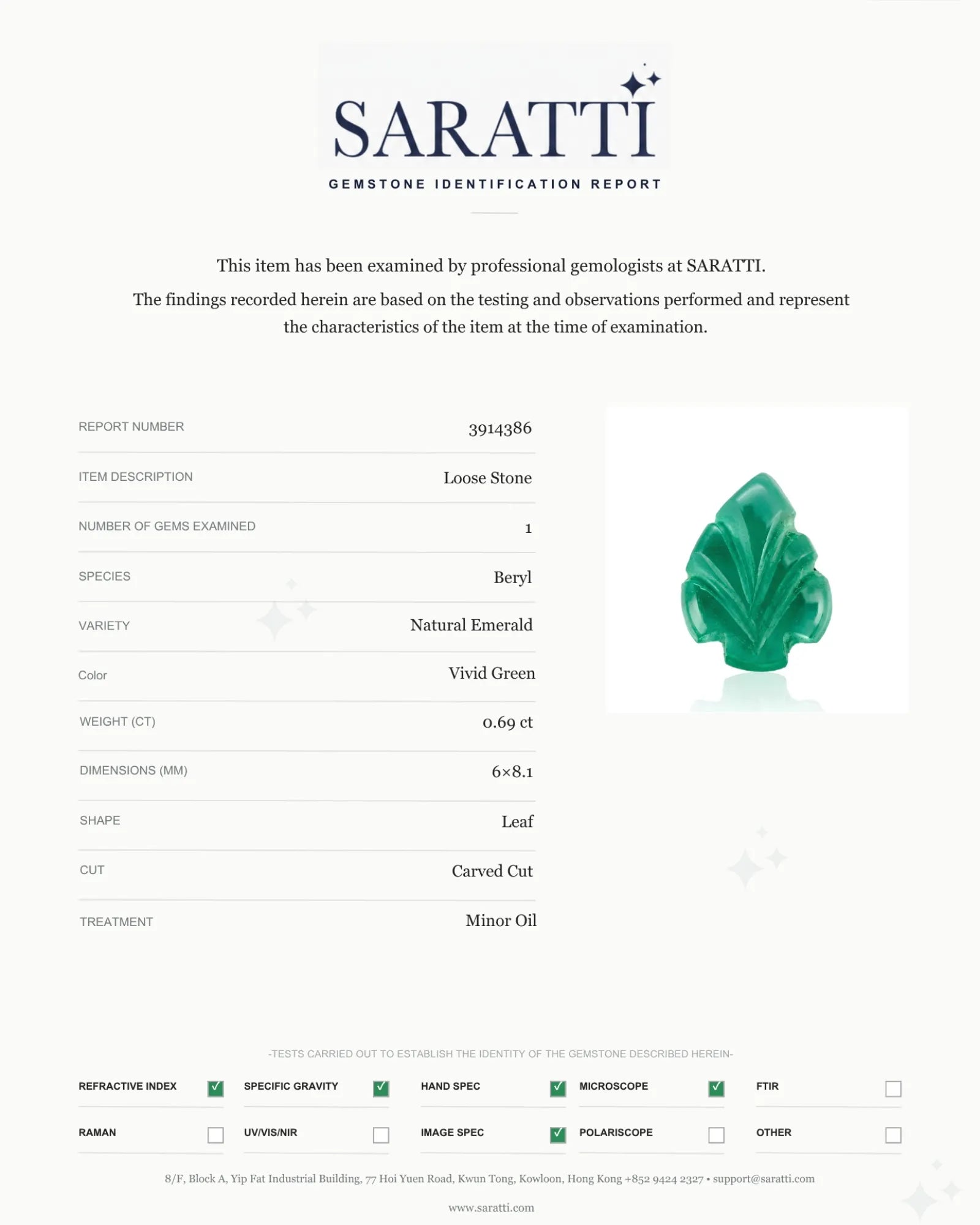 Semi-transparent Emerald leaf showing jardin inclusions and internal characteristic | SARATTI