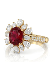 Oval natural ruby and diamond flower ring in 18K Yellow Gold - SARATTI