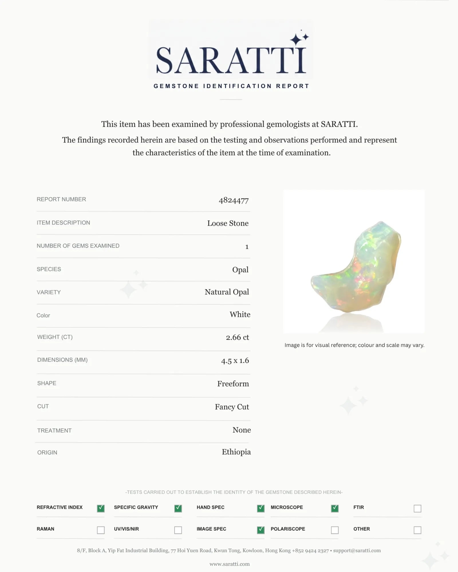 Alternate angle of 2.66ct White Opal with vivid colour play - SARATTI
