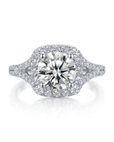 Romantic cushion moissanite proposal ring with pavé halo and split shank crafted in platinum | SARATTI