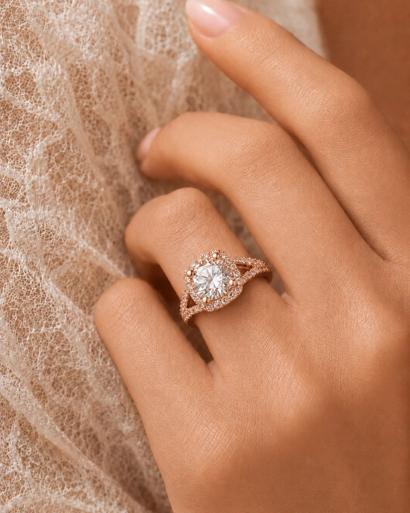 Romantic cushion moissanite proposal ring with pavé halo and split shank in 18K rose gold | SARATTI