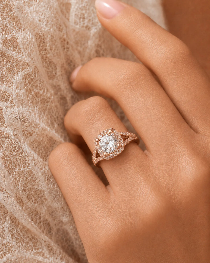 Romantic cushion moissanite proposal ring with pavé halo and split shank in 18K rose gold | SARATTI