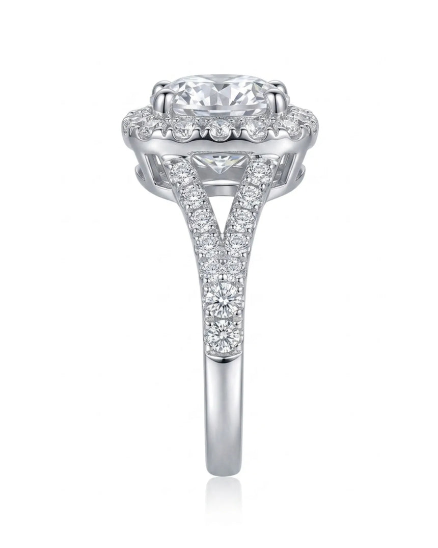 Romantic cushion moissanite proposal ring with pavé halo and split shank in 18K white gold | SARATTI