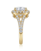 Romantic cushion moissanite proposal ring with pavé halo and split shank in 18K yellow gold | SARATTI