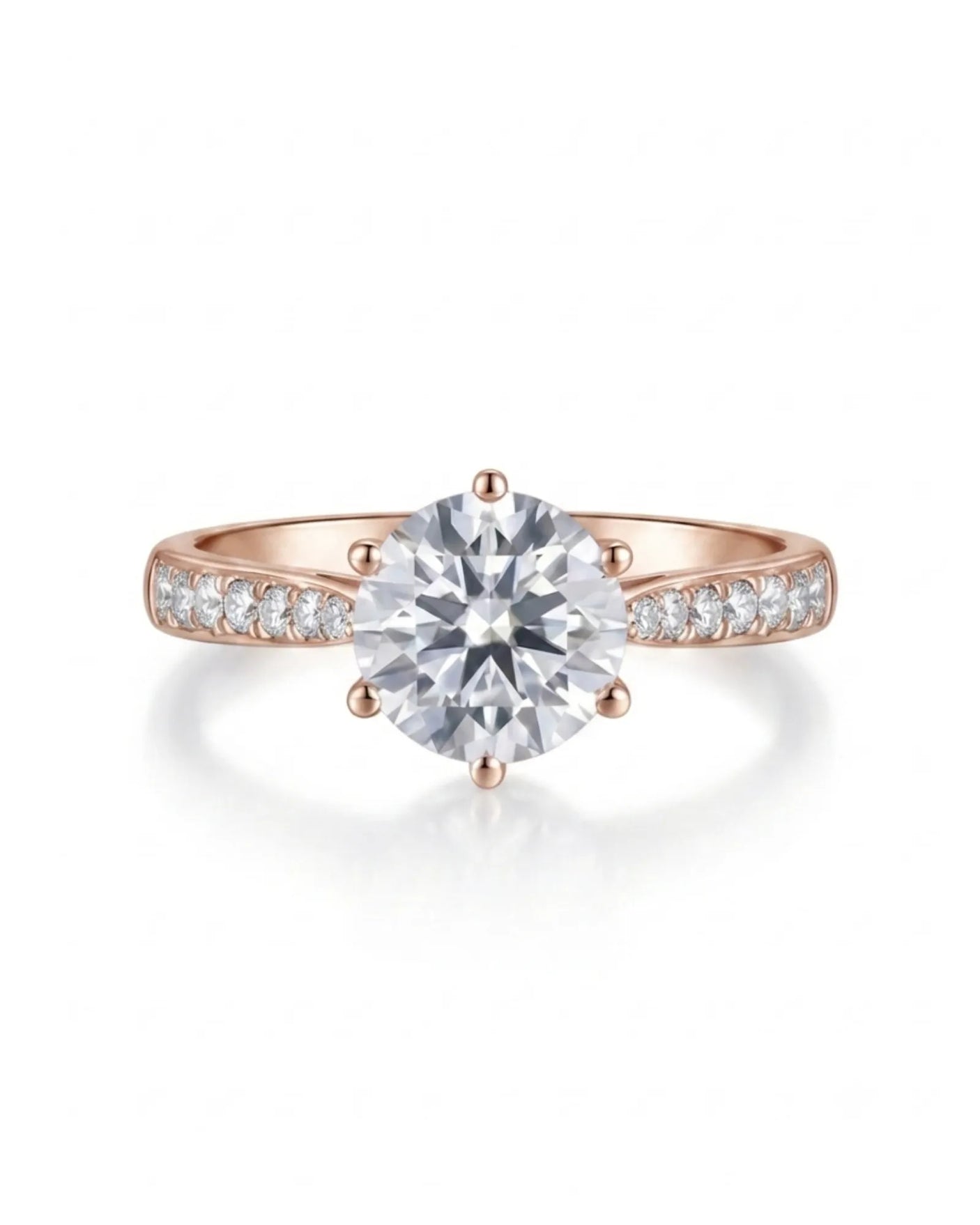 Romantic diamond engagement ring with round centre stone and pavé shoulders in 18K rose gold | SARATTI