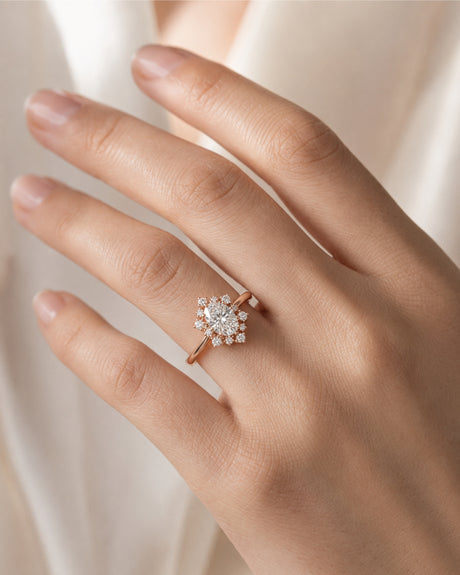 Romantic floral moissanite ring with oval center and crown-like halo in 18K rose gold | SARATTI