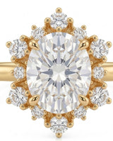 Romantic floral moissanite ring with oval center and crown-like halo in 18K yellow gold | SARATTI