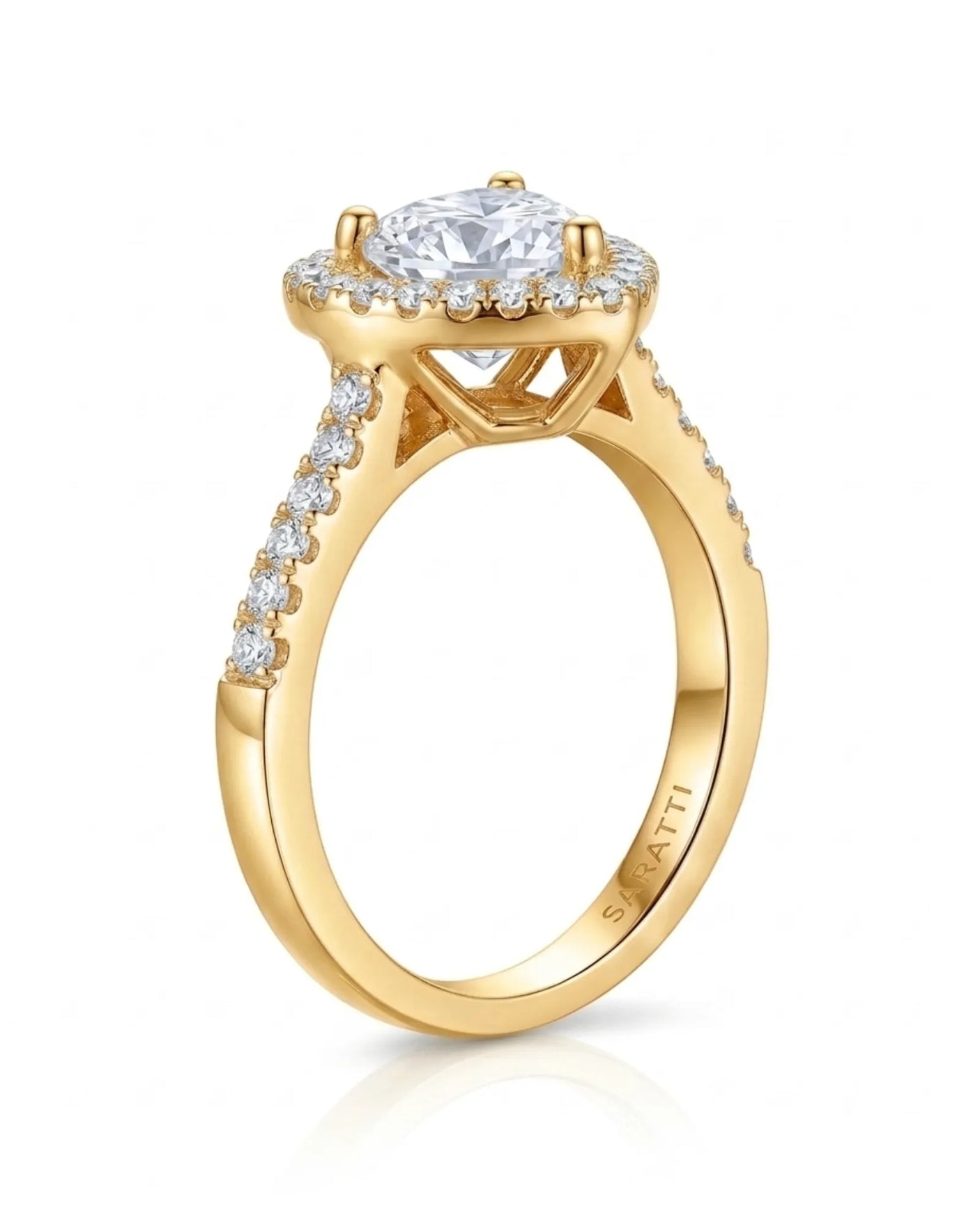 Romantic heart-shaped moissanite proposal ring with pavé halo and 18K yellow gold band | SARATTI