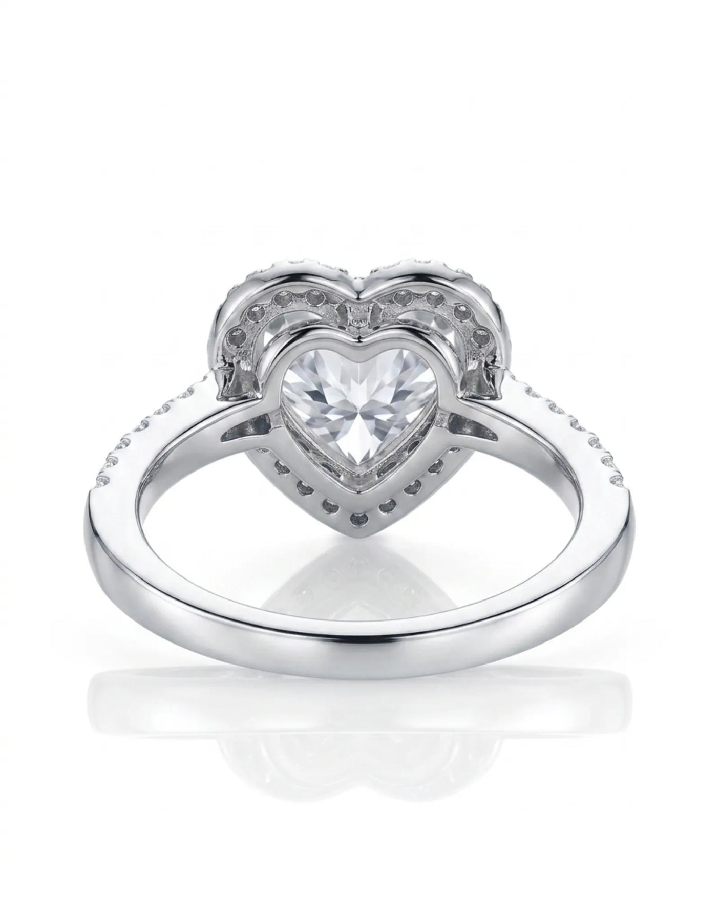 Romantic heart-shaped moissanite proposal ring with pavé halo and a refined platinum band | SARATTI