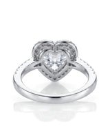 Romantic heart-shaped moissanite proposal ring with pavé halo and a refined platinum band | SARATTI