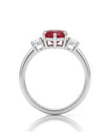Romantic heart-shaped ruby ring with two diamond side stones in Platinum | SARATTI
