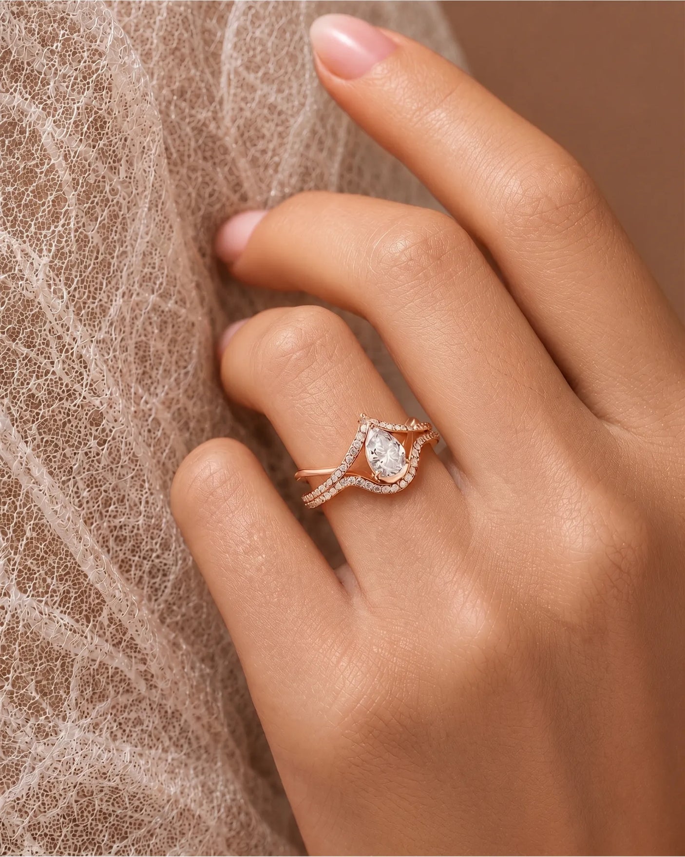 Romantic pear moissanite wedding set with curved bands for an individual rose gold engagement - SARATTI