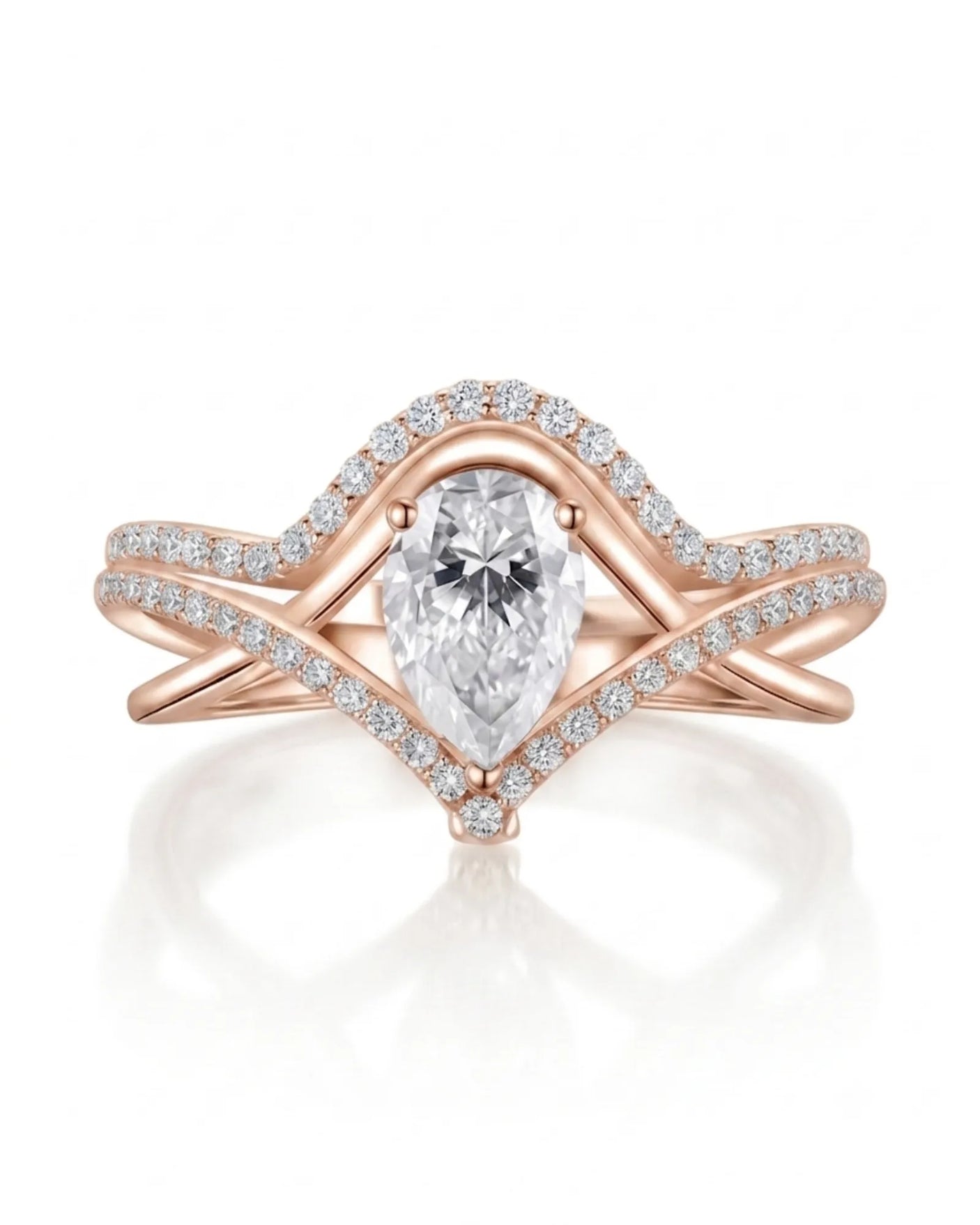 Romantic pear moissanite wedding set with curved bands for an individual rose gold engagement | SARATTI