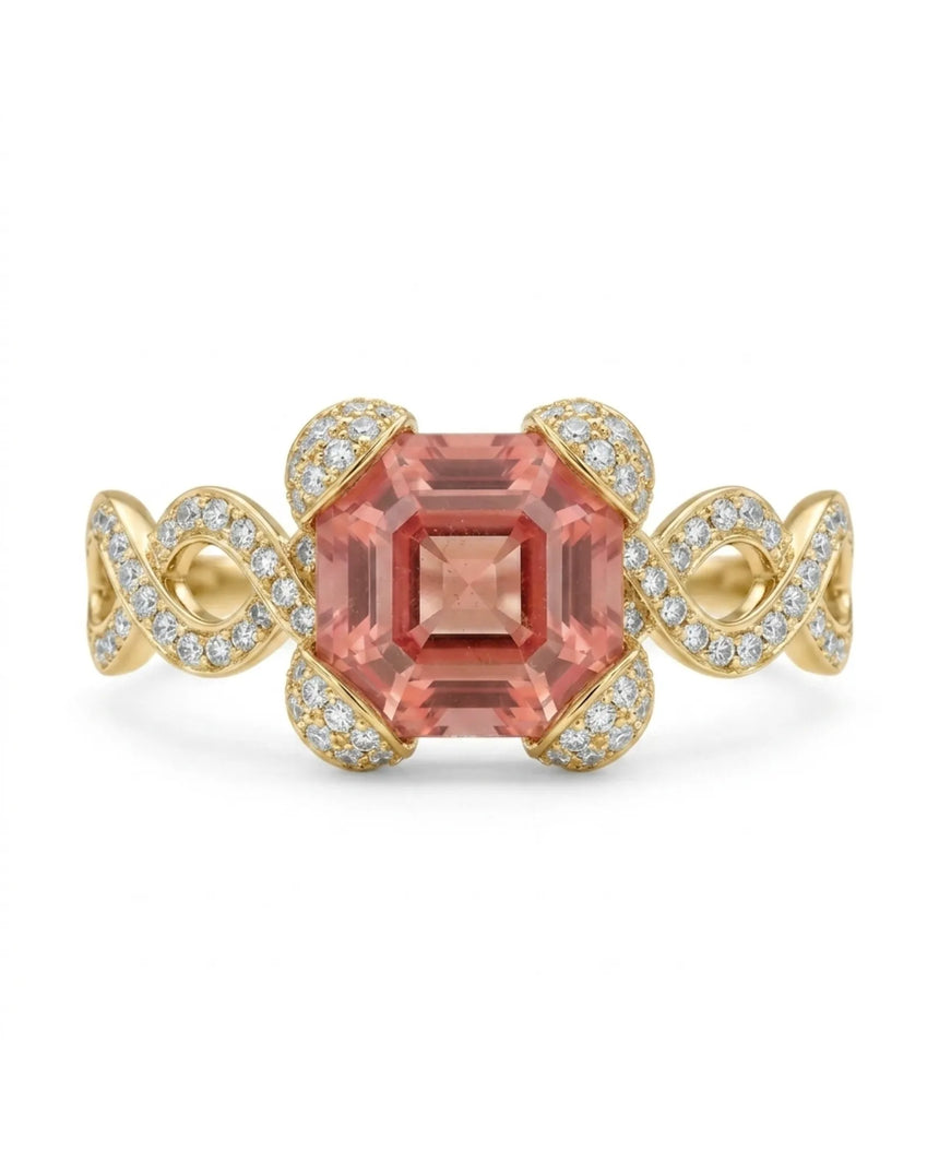 Romantic pink tourmaline engagement ring with pavé diamonds in 18K yellow gold | SARATTI