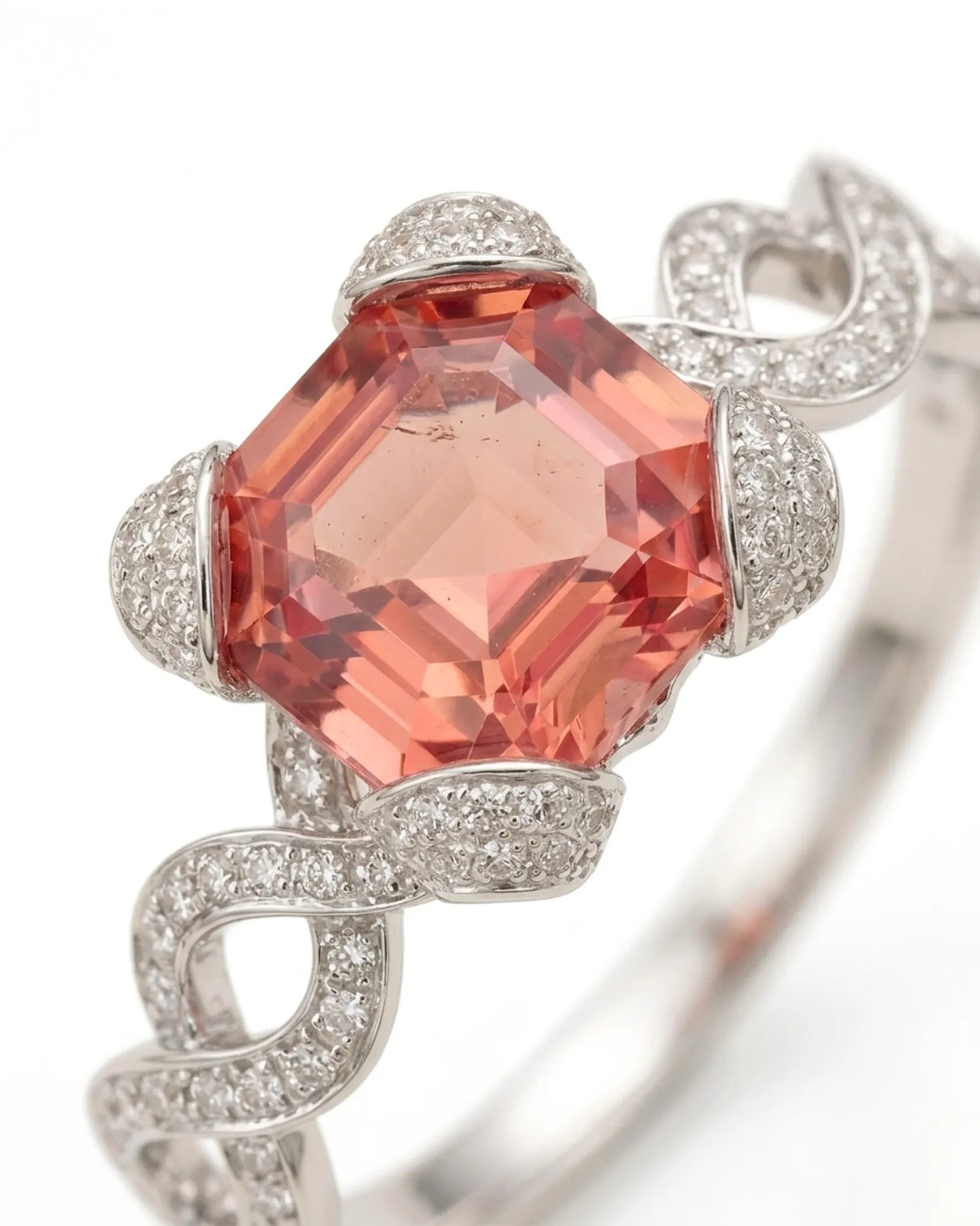 Romantic pink tourmaline engagement ring with pavé diamonds in premium platinum | SARATTI
