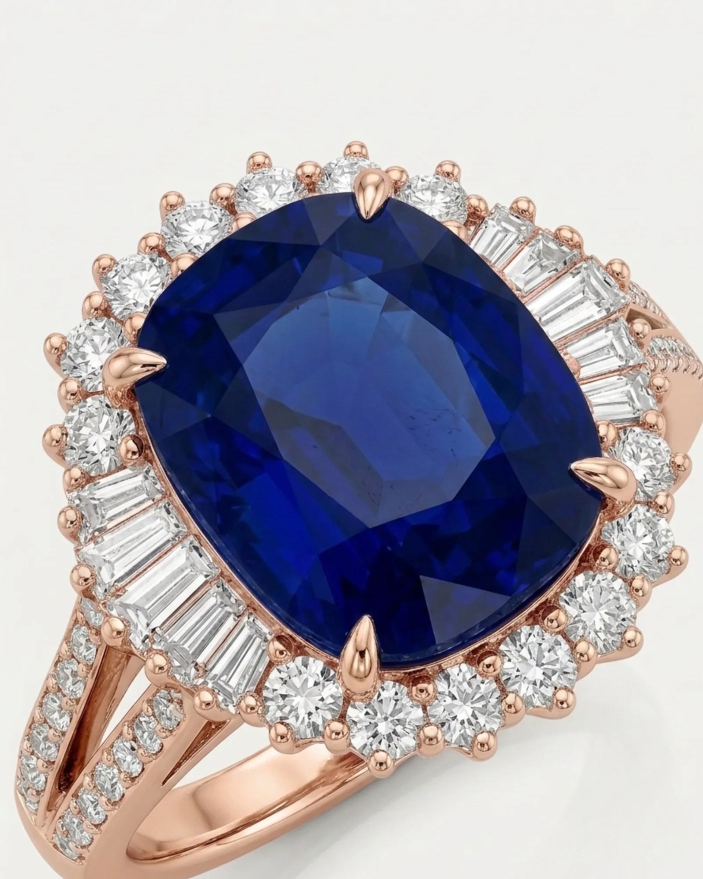 Romantic rose gold sapphire ring balanced by baguette diamonds, round accents, and pavé shoulders | SARATTI
