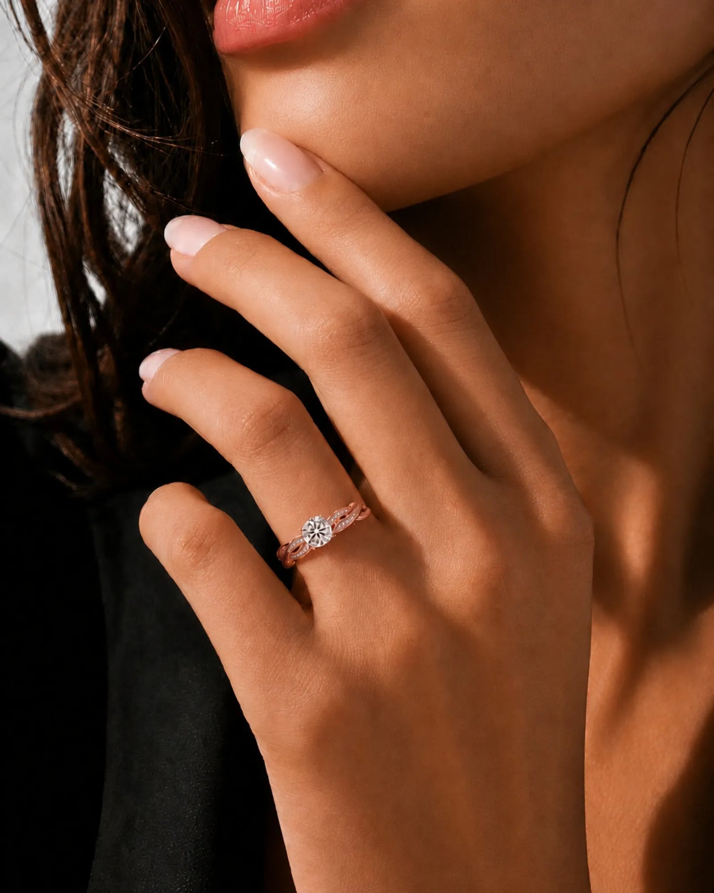 Romantic round moissanite proposal ring with twisted shank crafted in refined 18K rose gold | SARATTI
