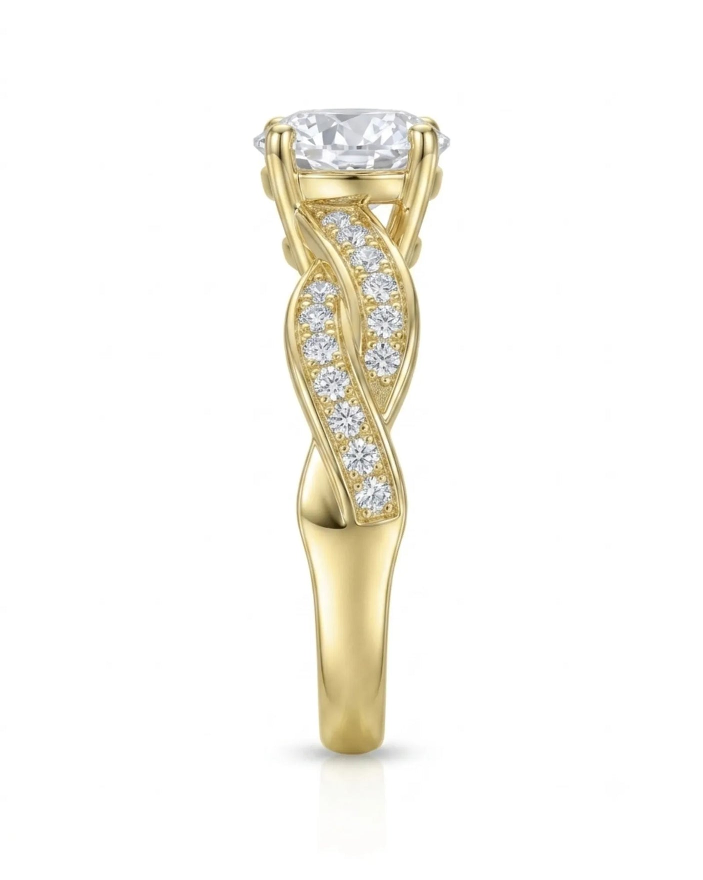 Romantic round moissanite proposal ring with twisted shank crafted in rich 18K yellow gold | SARATTI