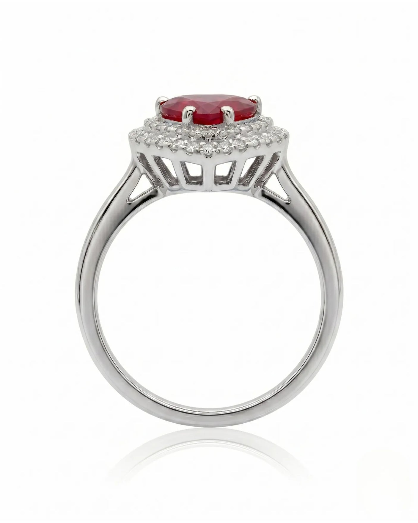 Romantic ruby ring with heart center stone and round diamonds in platinum | SARATTI
