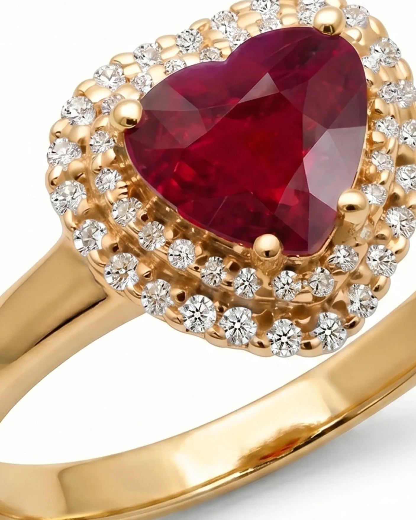 Romantic ruby ring with heart center stone and round diamonds in yellow gold | SARATTI