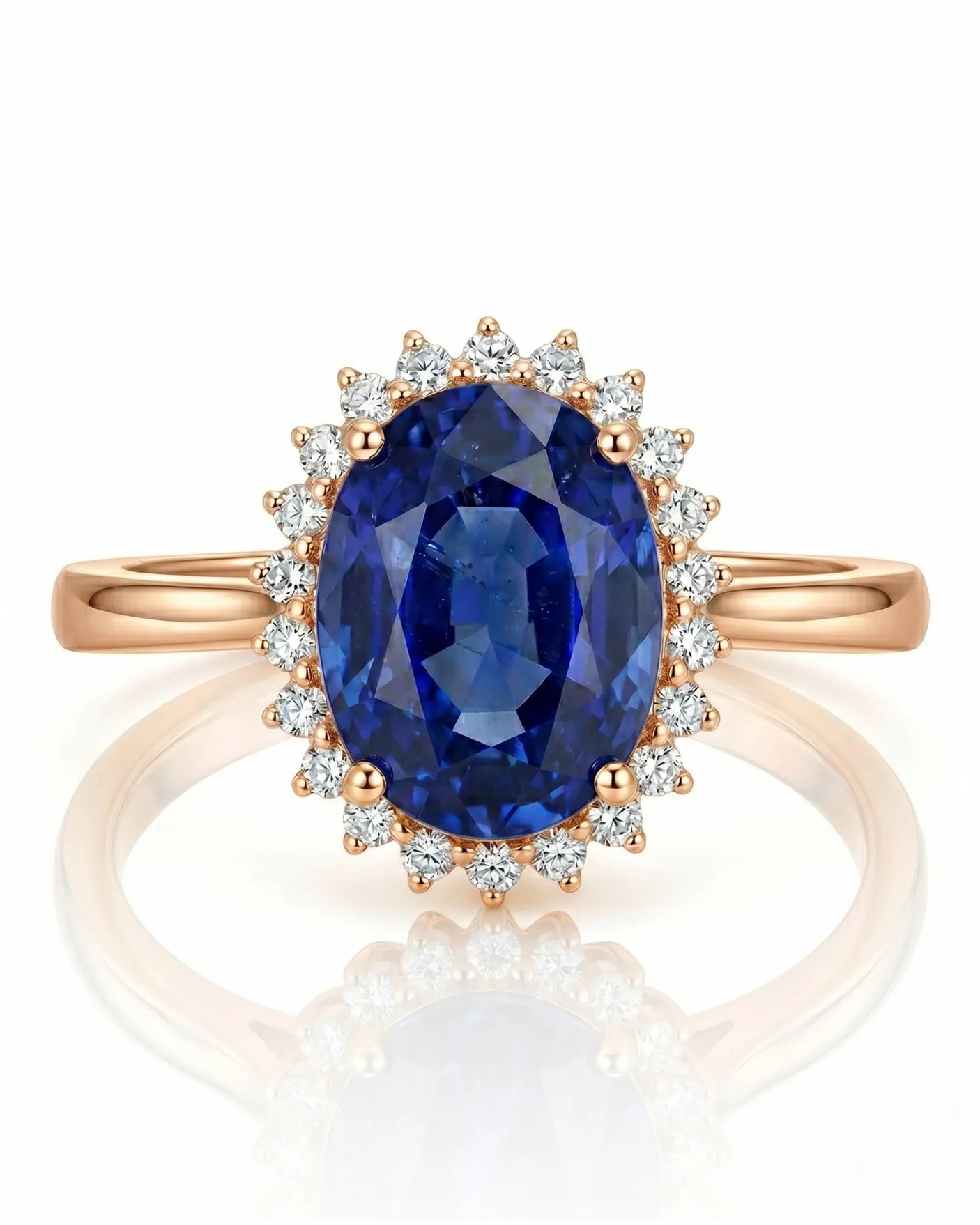 Romantic sapphire ring with delicate round diamond halo in soft rose gold | SARATTI