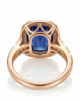 Romantic sapphire ring with round diamond halo design in 18K rose gold | SARATTI